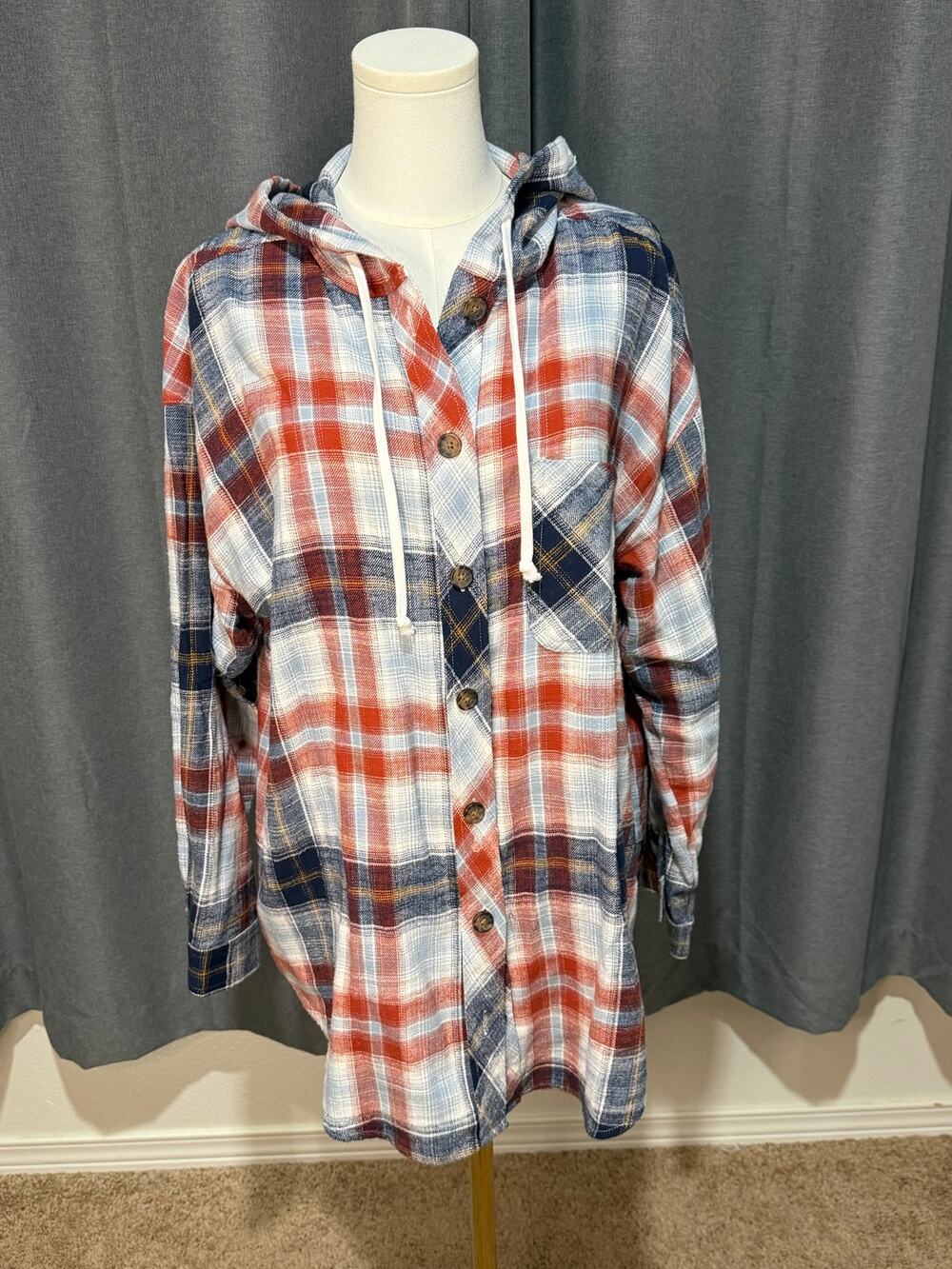 Maurices 1X Plaid Hooded Button-Front Lightweight Shacket